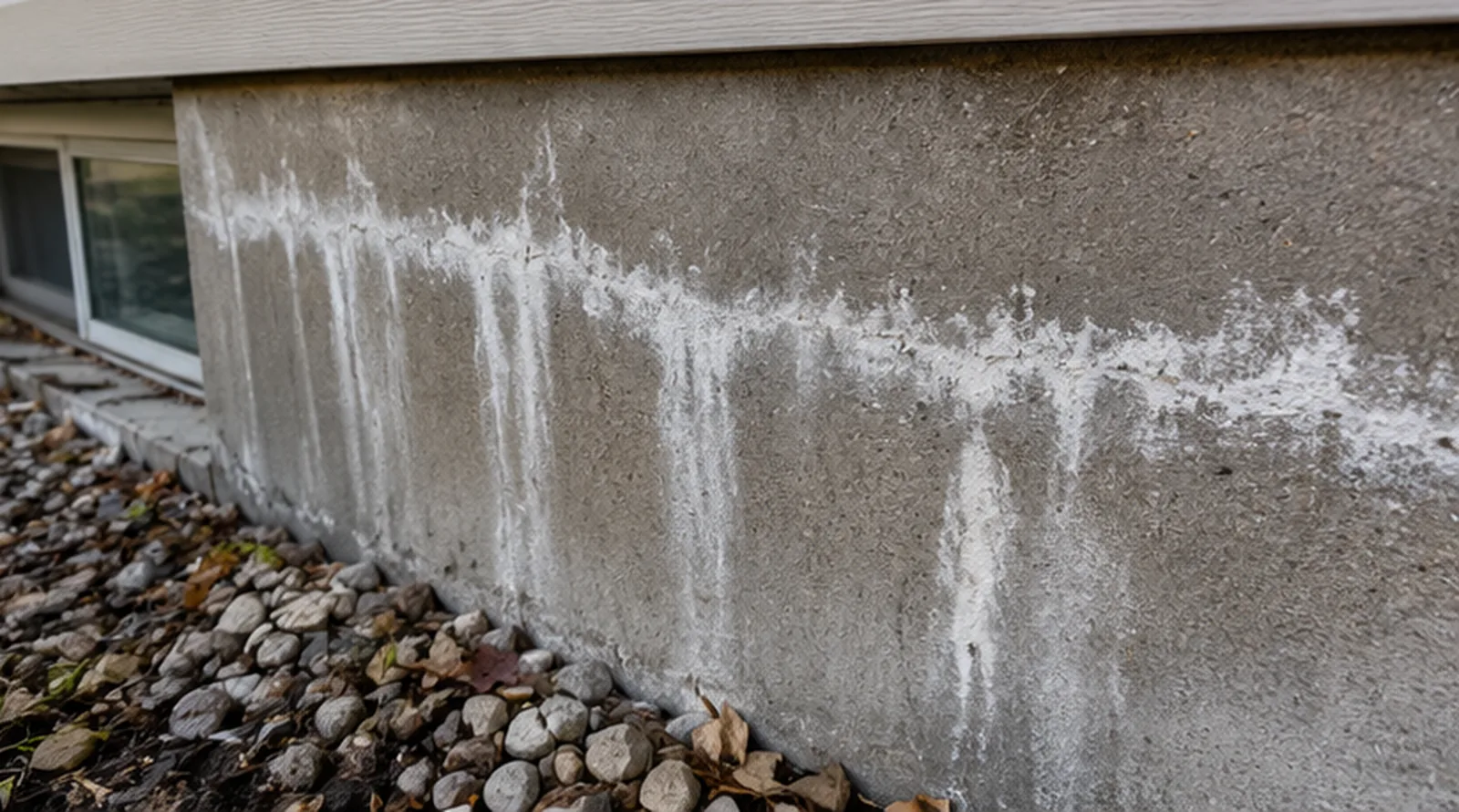 White efflorescence deposits on a basement foundation wall documented during a St. Paul home inspection