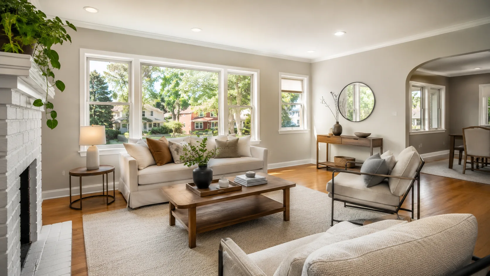 Sunlit living room during a home inspection walkthrough