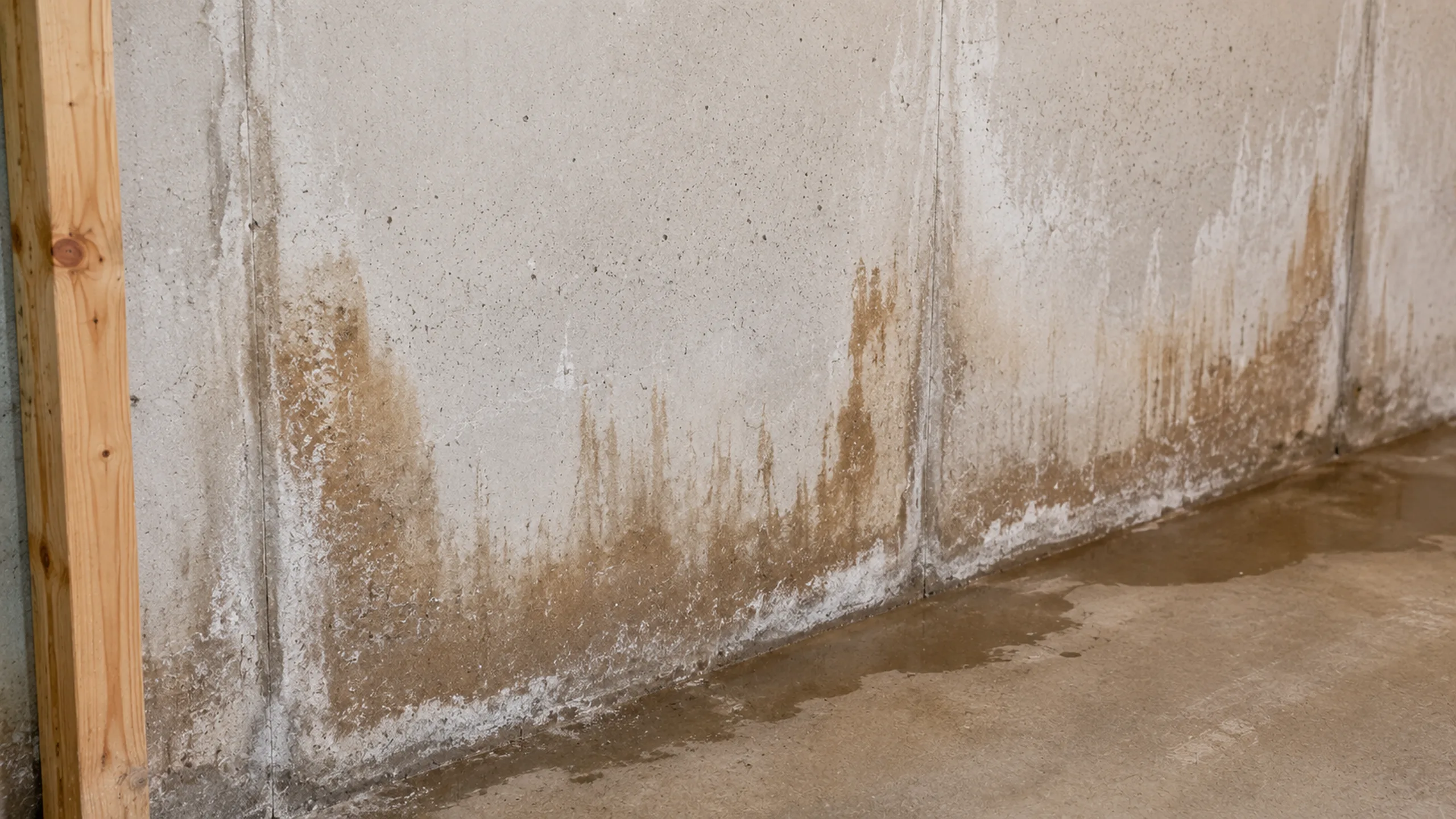 Water staining on a basement wall during a St. Paul mold inspection
